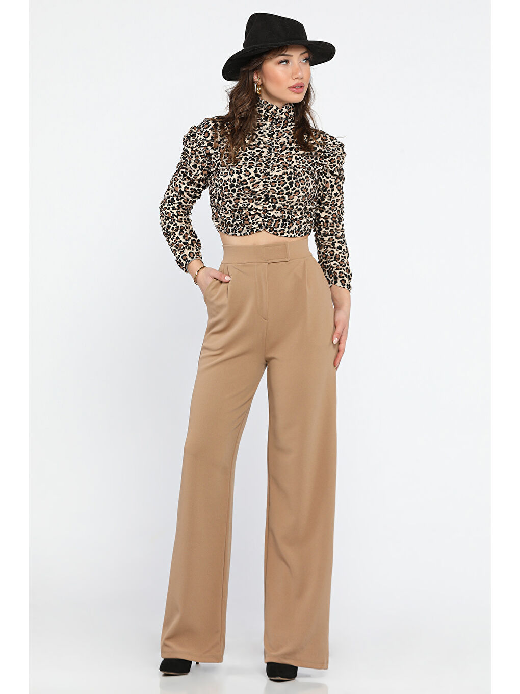 Ekru Kadın Yüksek Bel Cırtlı Bol Paça Palazzo Pantolon-1