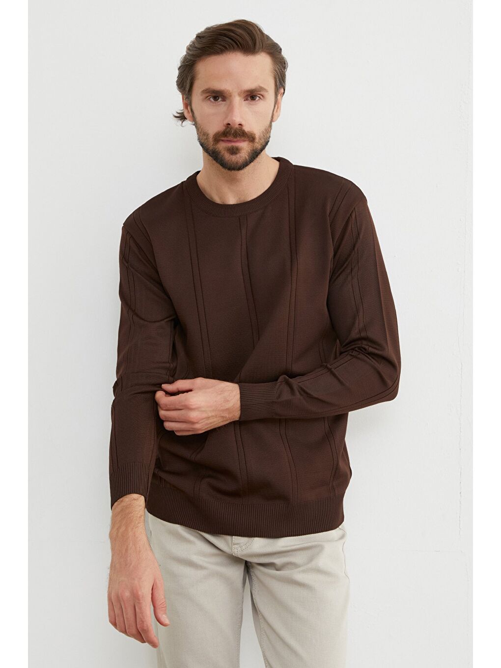 Kahverengi Şeritli Bisiklet Yaka Triko Kazak-2