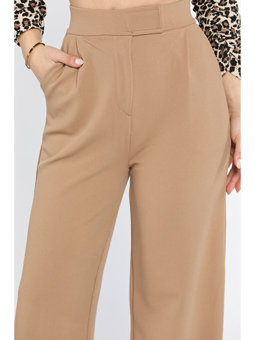 Ekru Kadın Yüksek Bel Cırtlı Bol Paça Palazzo Pantolon-2