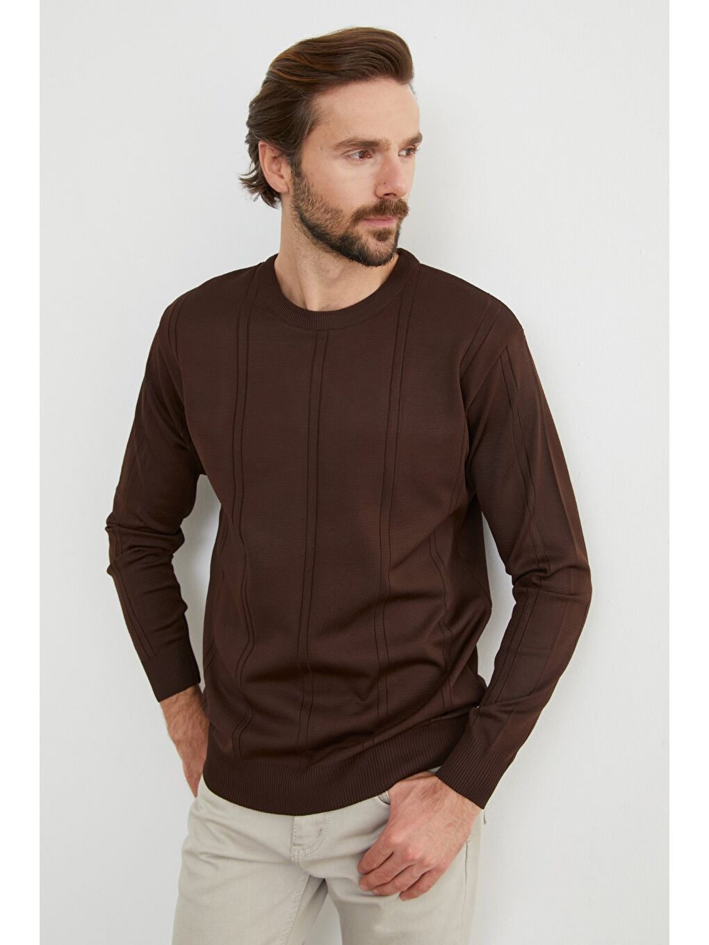 Kahverengi Şeritli Bisiklet Yaka Triko Kazak-3