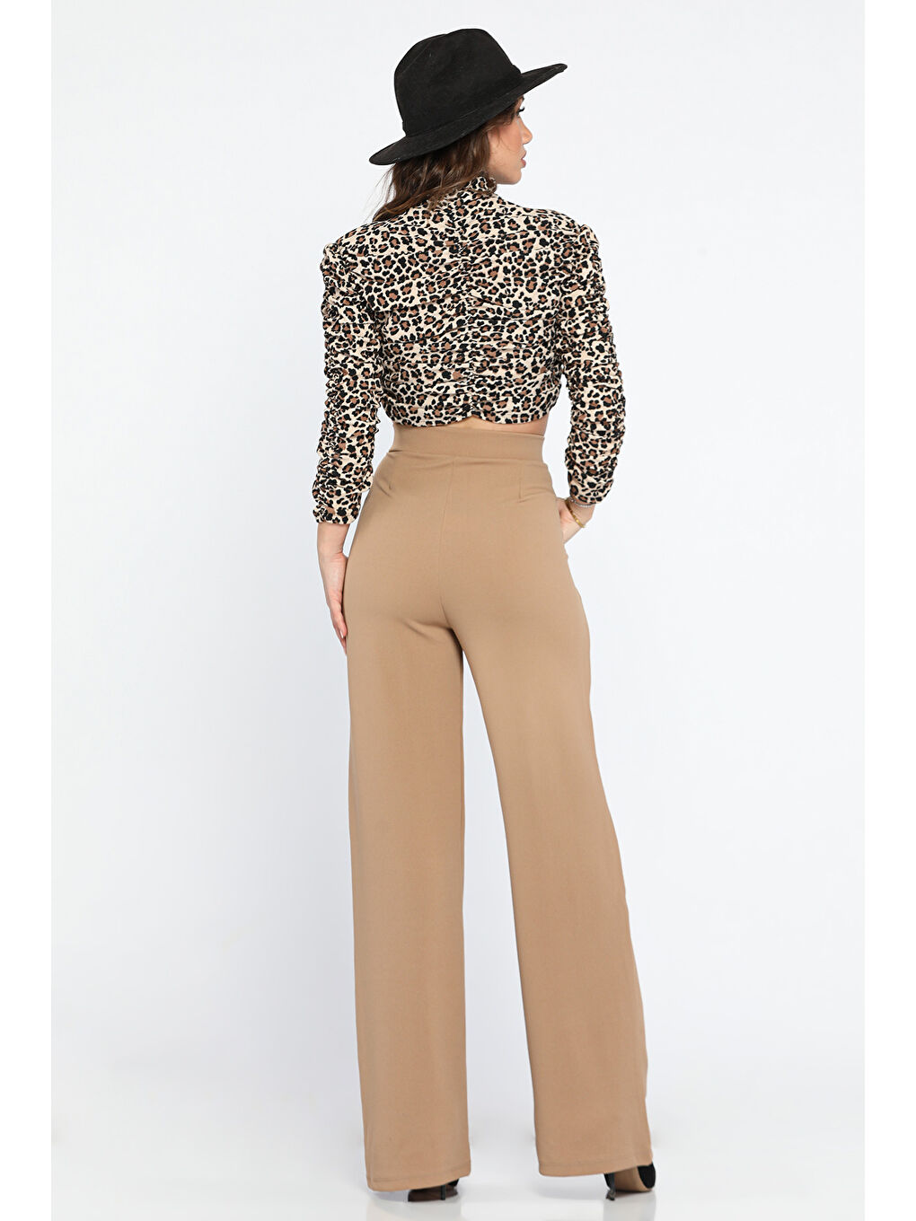 Ekru Kadın Yüksek Bel Cırtlı Bol Paça Palazzo Pantolon-3