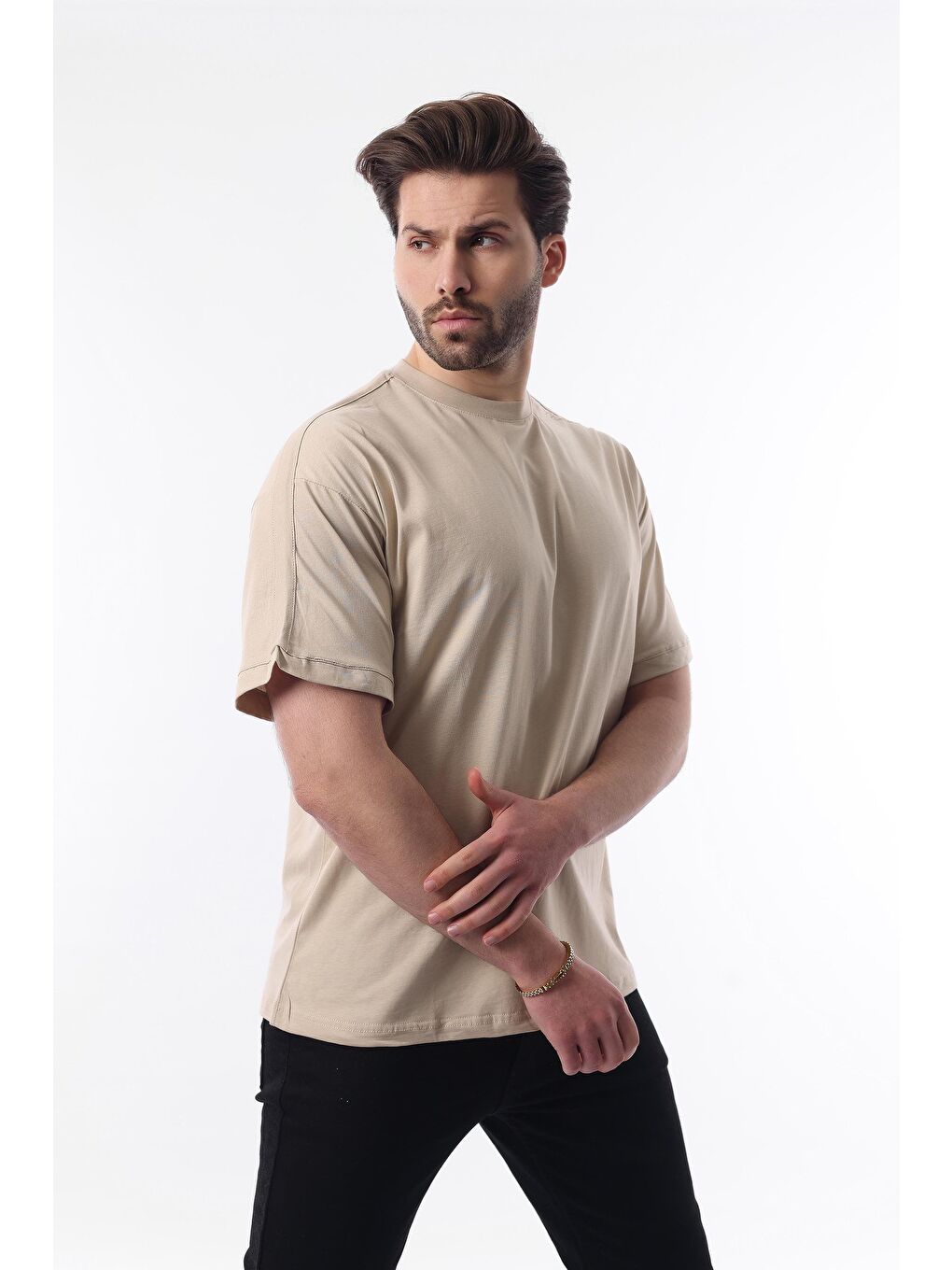 Bej Erkek Vizon Oversize Şerit Detaylı Basic %100 Pamuk Tişört 7023-2