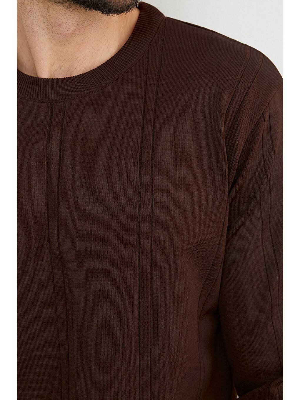 Kahverengi Şeritli Bisiklet Yaka Triko Kazak-4