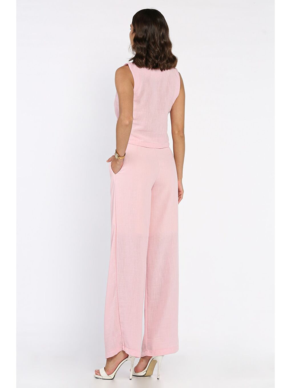 Pembe Kruvaze Yaka Keten Yelek Pantolon İkili Takım-2