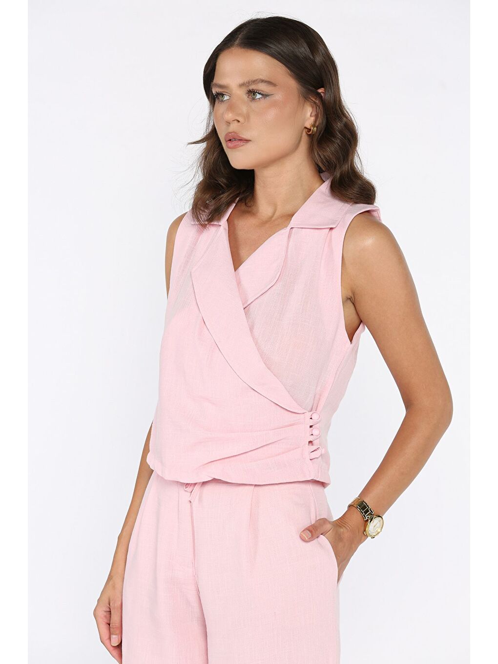 Pembe Kruvaze Yaka Keten Yelek Pantolon İkili Takım-3