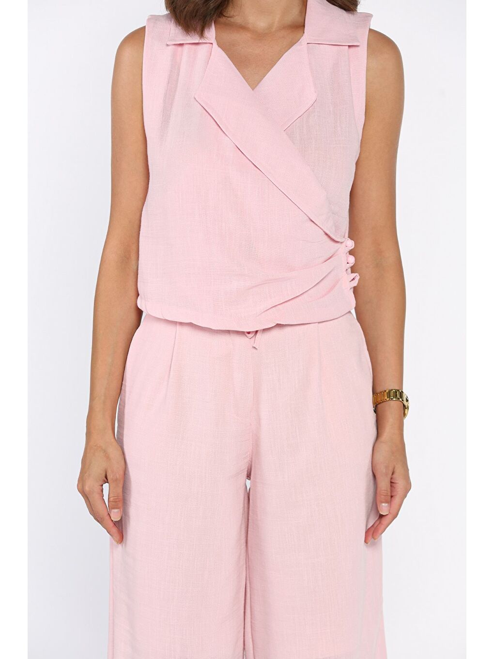 Pembe Kruvaze Yaka Keten Yelek Pantolon İkili Takım-4