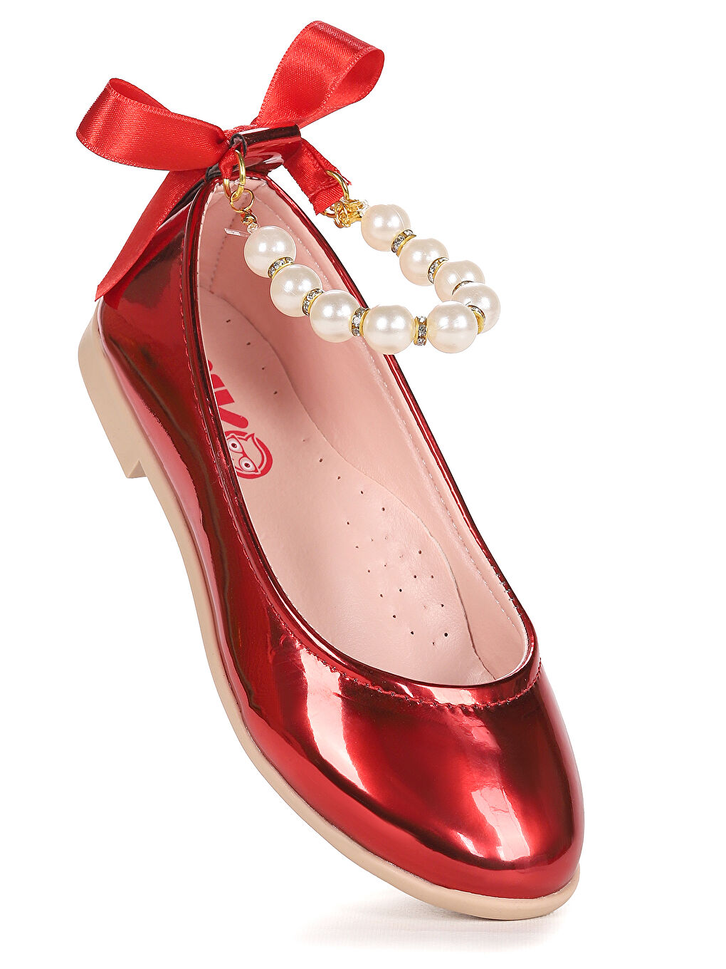 Kırmızı Blanch Ayna İncili Lastikli Kız Çocuk Babet Ayakkabı