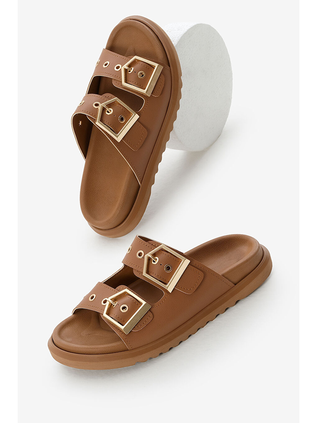 Kahverengi Kadın Taba Poli Taban Çift Bantlı Tokalı Terlik