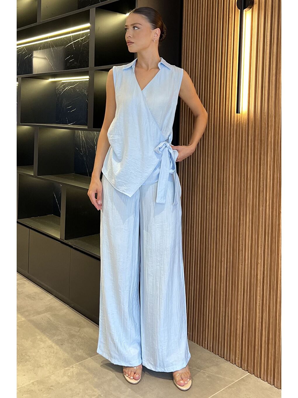 Mavi Kadın Kruvaze Yaka Bağlama Detaylı Bluz Pantolon İkili Takım-1