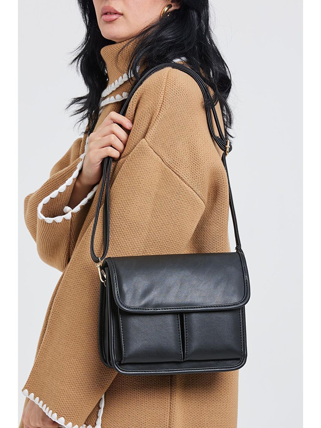 Uzun Askılı Vintage Çok Gözlü Jeff Kadın Çapraz Çanta Siyah