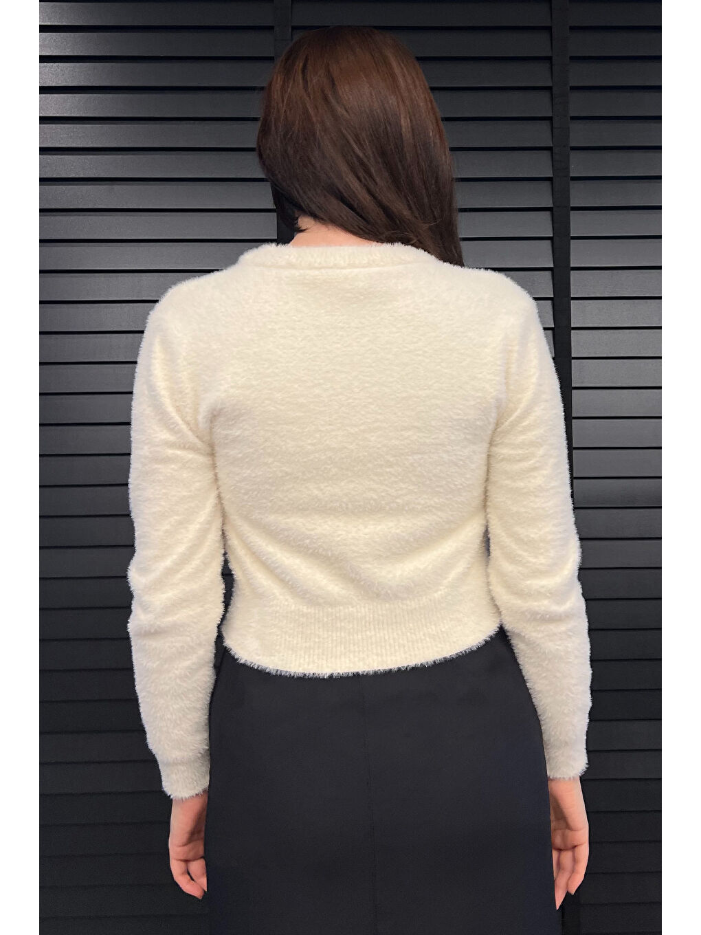 Bej Bisiklet Yaka  İplik Taşlı Kadın Triko Kazak-3