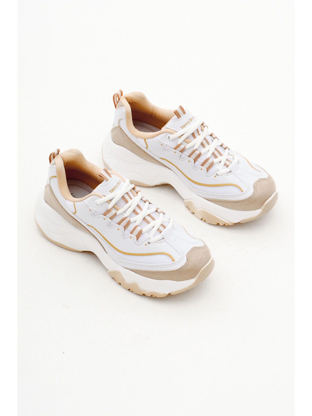 Ekru Kadın Krem Rahat Kalıp Yüksek Taban Bağcıklı Spor Ayakkabı-2