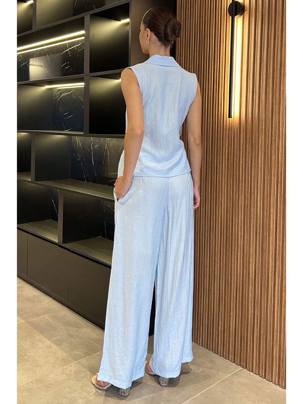 Mavi Kadın Kruvaze Yaka Bağlama Detaylı Bluz Pantolon İkili Takım-2