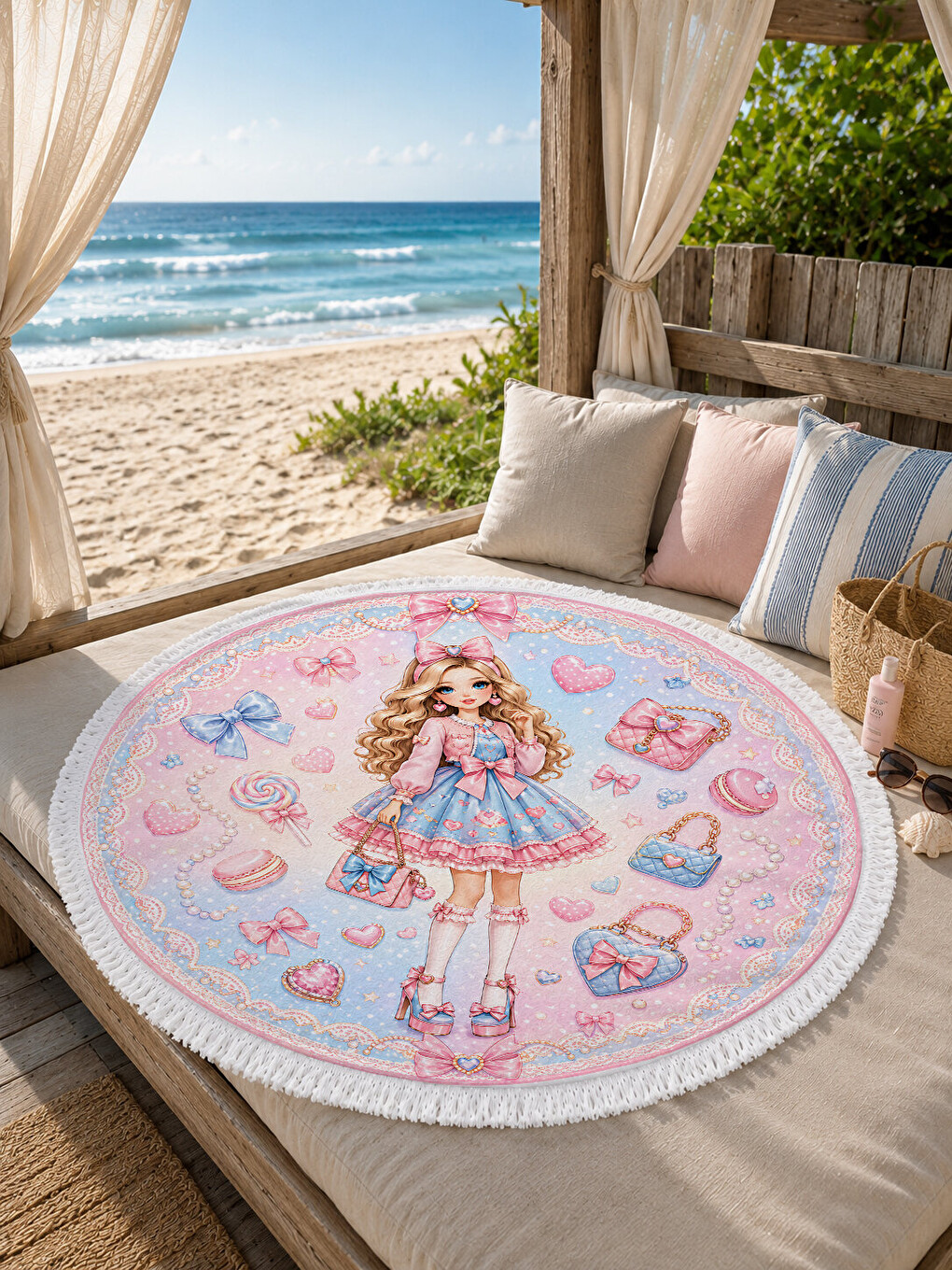 Karışık Şekerleme Temalı Prenses Kız Çocuk Yuvarlak Plaj Havlusu Pembe 150 CM-1