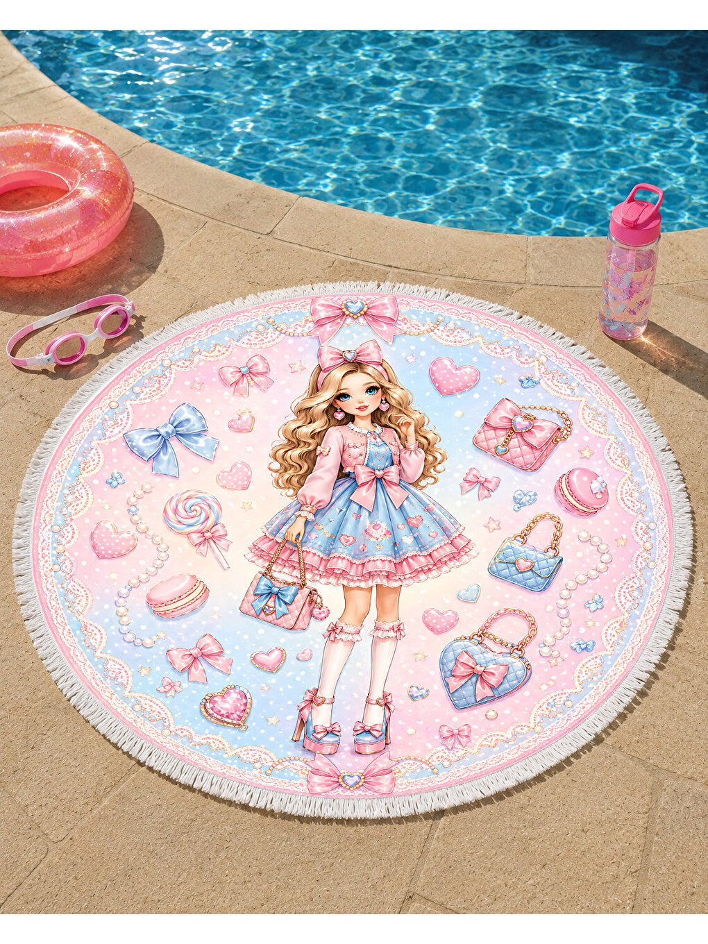 Karışık Şekerleme Temalı Prenses Kız Çocuk Yuvarlak Plaj Havlusu Pembe 150 CM-2