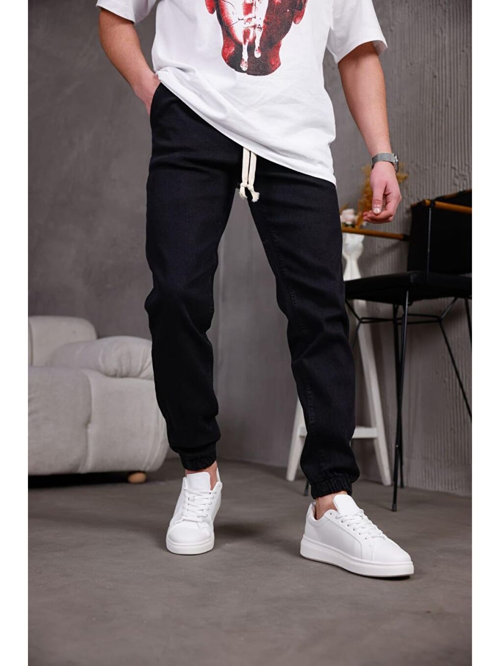 Siyah Zessi Paçası ve Beli Lastikli Slim Fit Elastanlı Jean Jogger Pantolon-2