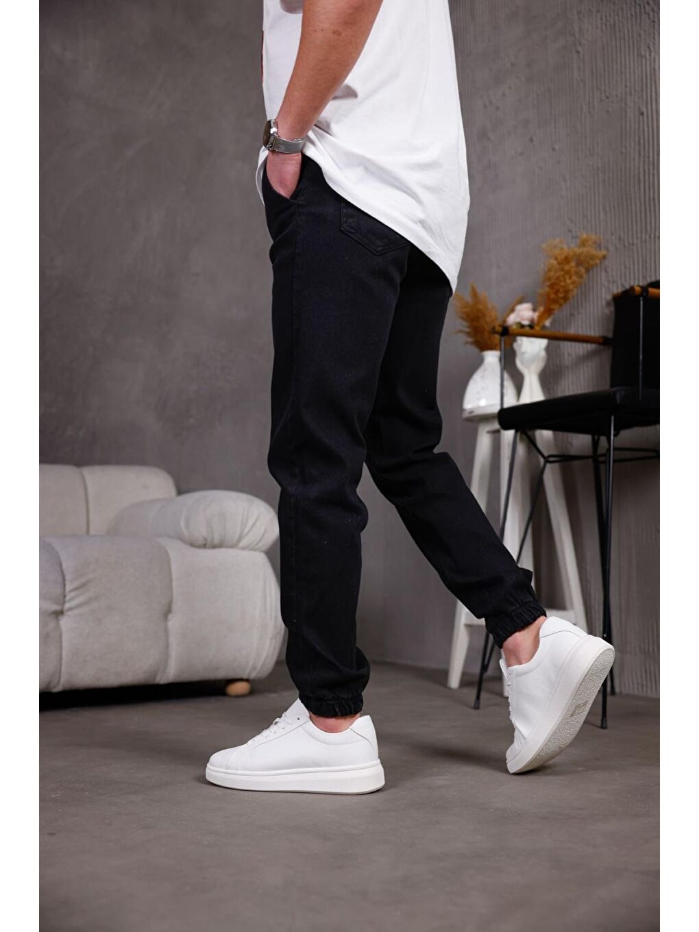 Siyah Zessi Paçası ve Beli Lastikli Slim Fit Elastanlı Jean Jogger Pantolon-3