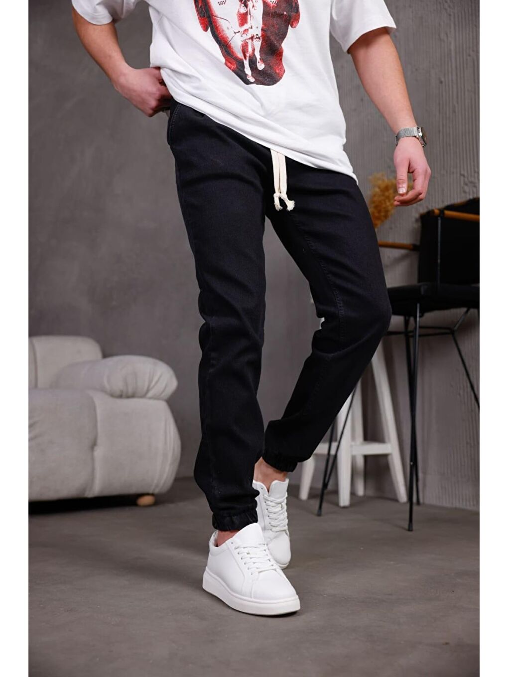 Siyah Zessi Paçası ve Beli Lastikli Slim Fit Elastanlı Jean Jogger Pantolon-4
