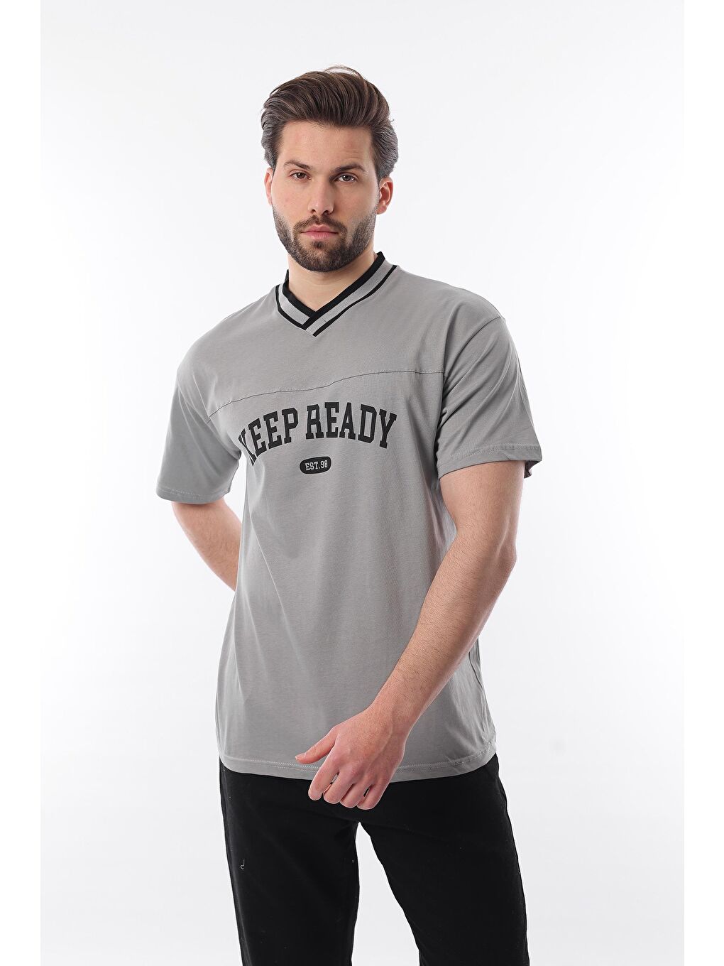 Boyalı Gri V Yaka Baskılı Kısa Kollu Overfit %100 Pamuk Tişört 7039-1