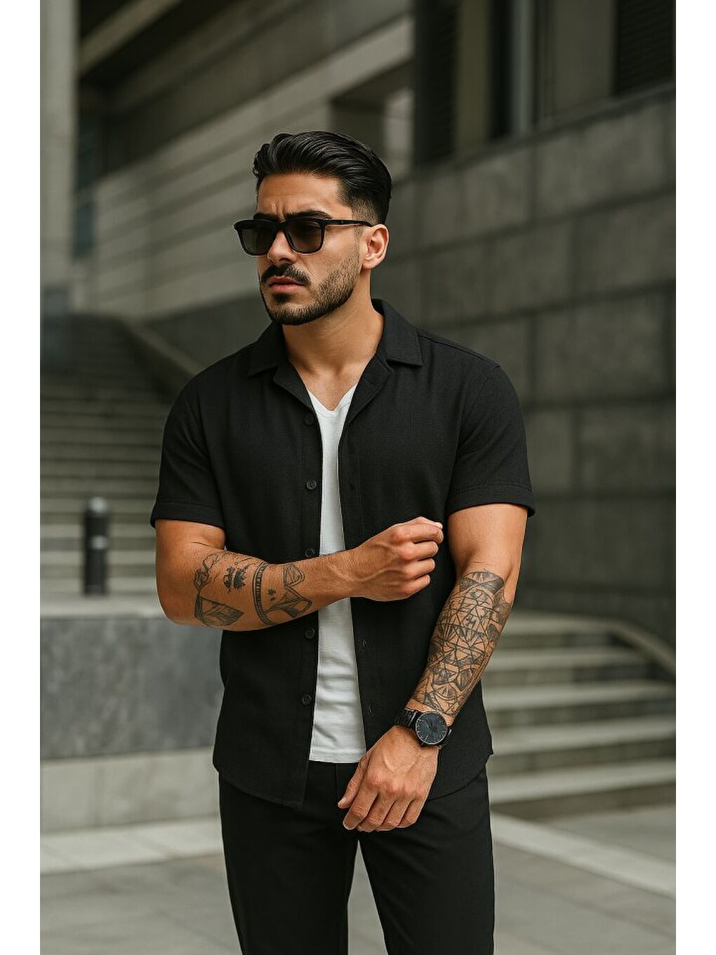 Siyah Erkek Kısa Kollu örme Kumaş Pamuklu Gömlek-1