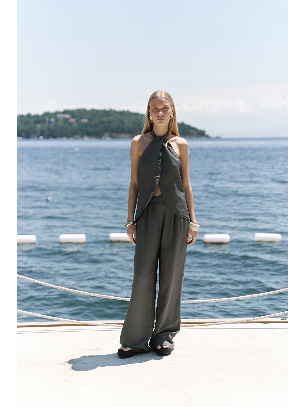 Prasetsah Bağlamalı Antrasit Crop Pantolon Takım-1