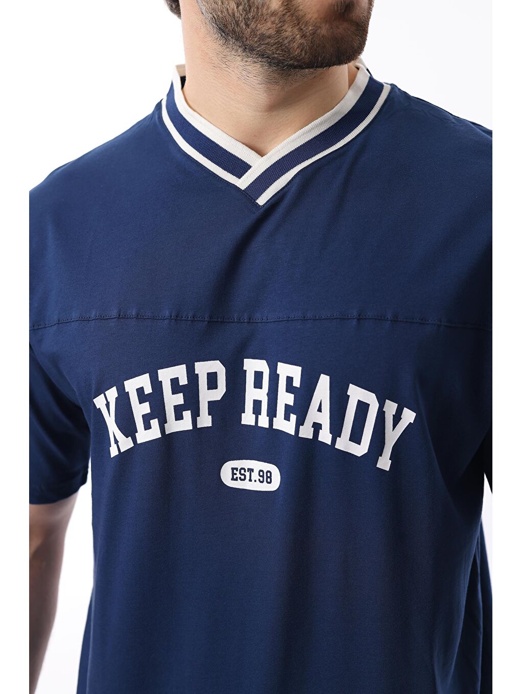 Lacivert V Yaka Baskılı Kısa Kollu Overfit %100 Pamuk Tişört 7039-2