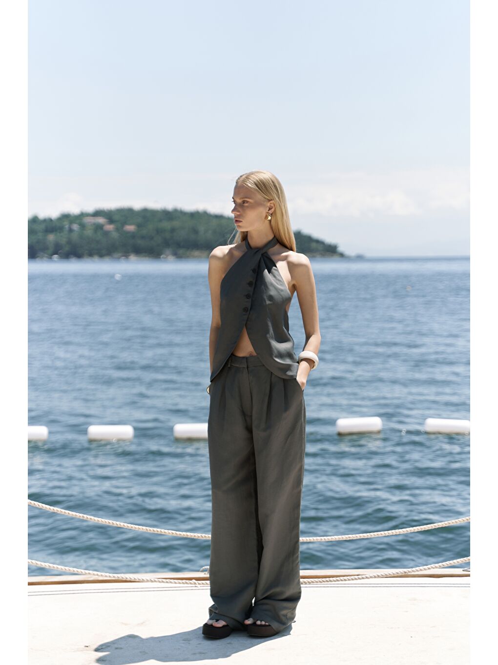 Prasetsah Bağlamalı Antrasit Crop Pantolon Takım-2