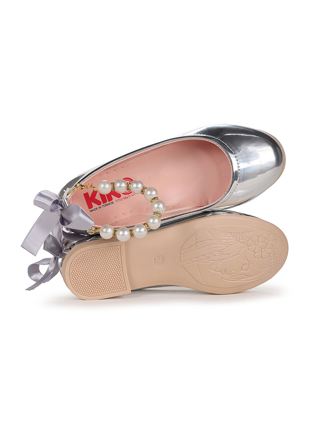 Gri Blanch Ayna İncili Lastikli Kız Çocuk Babet Ayakkabı-4