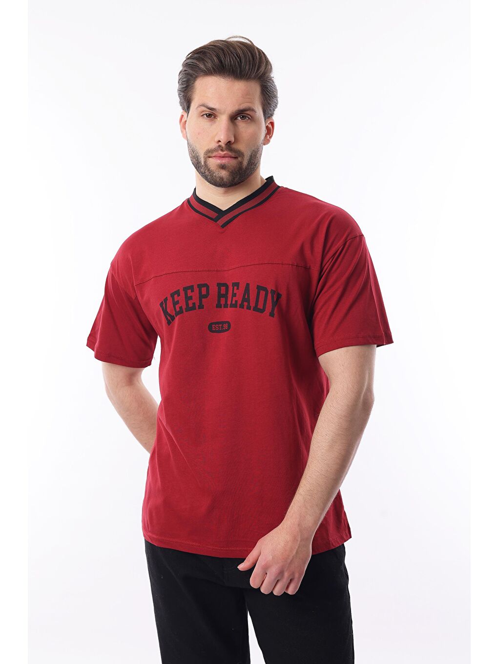 Bordo V Yaka Baskılı Kısa Kollu Overfit %100 Pamuk Tişört 7039-1