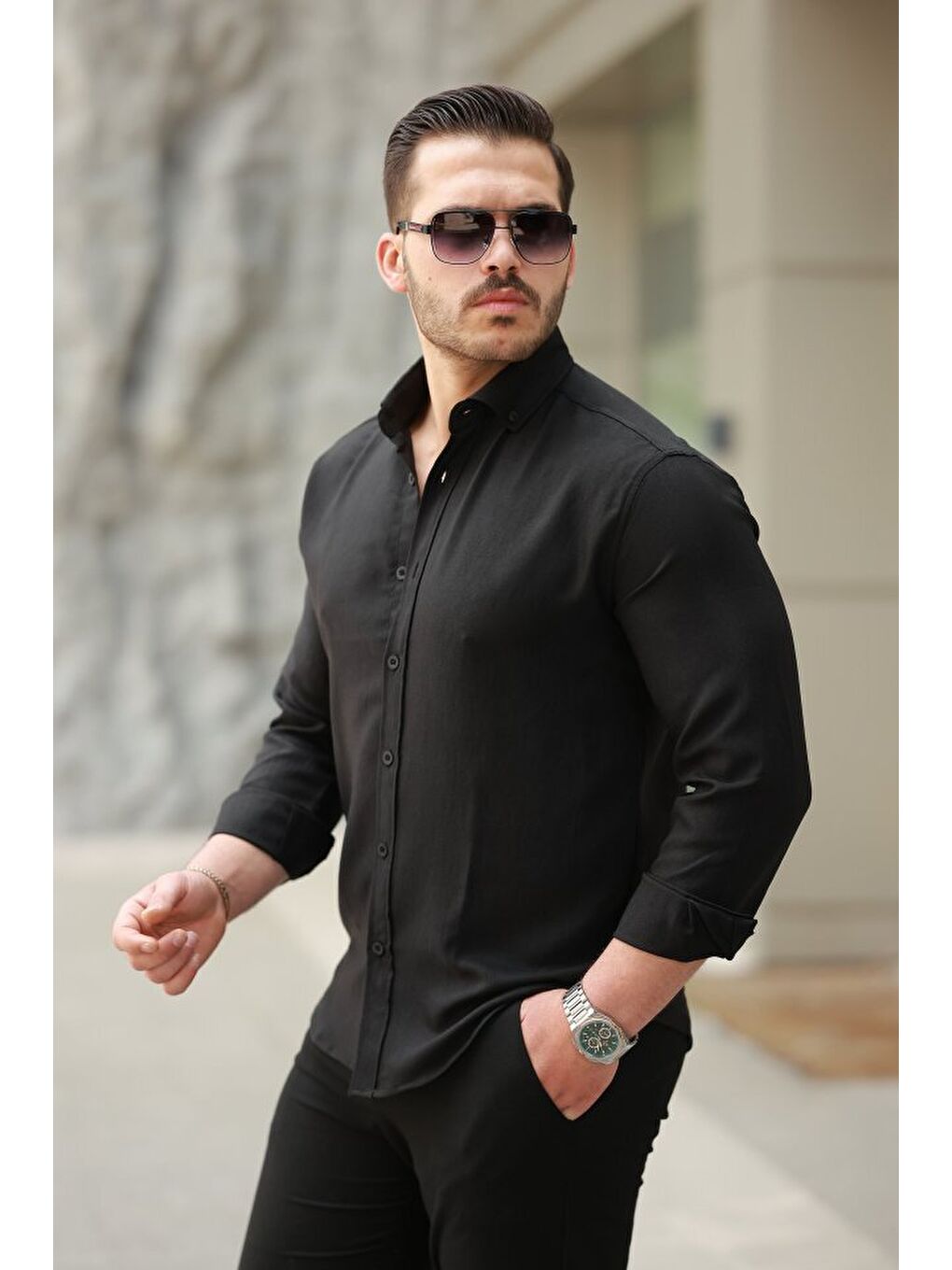 Siyah Erkek Uzun Kollu Gömlek-1