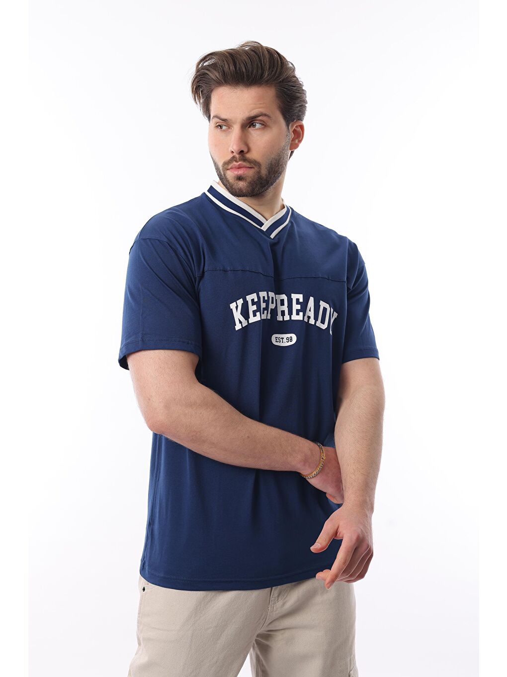 Lacivert V Yaka Baskılı Kısa Kollu Overfit %100 Pamuk Tişört 7039-3