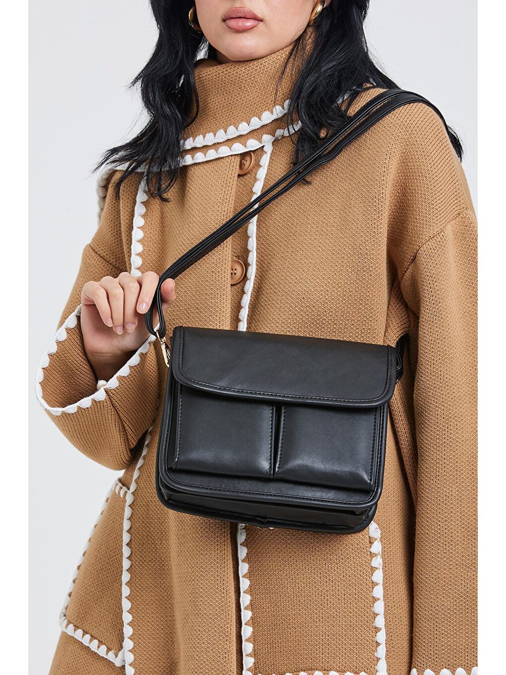 Uzun Askılı Vintage Çok Gözlü Jeff Kadın Çapraz Çanta Siyah-2