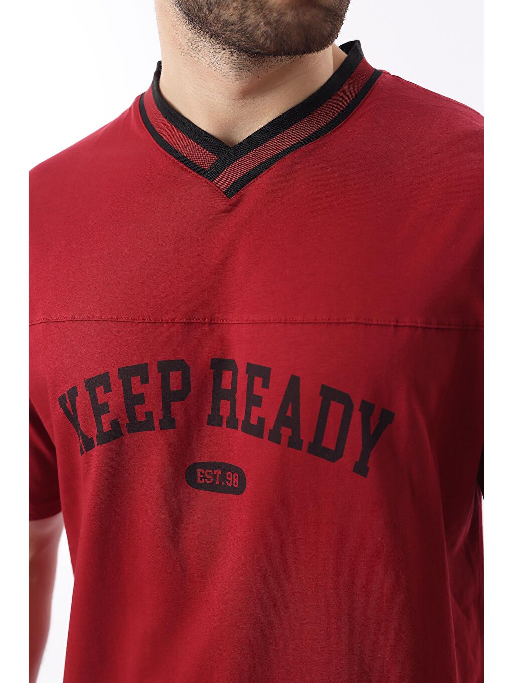 Bordo V Yaka Baskılı Kısa Kollu Overfit %100 Pamuk Tişört 7039-2