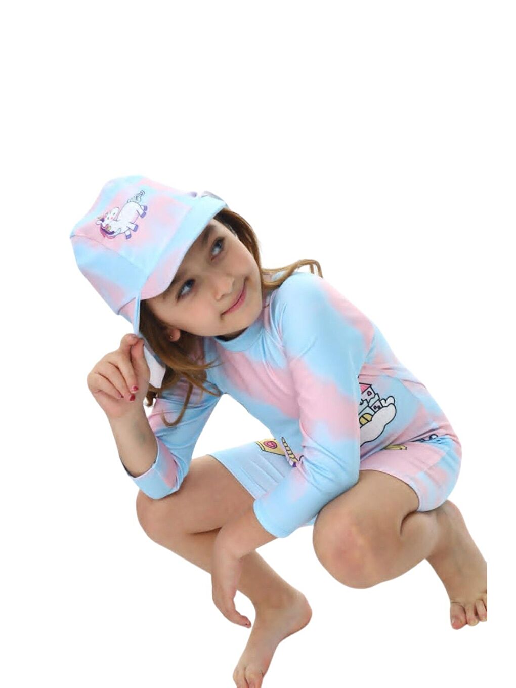 Beyaz Kız Çocuk Uzun Kollu Fermuarlı Şapkalı Mayo Takımı-1