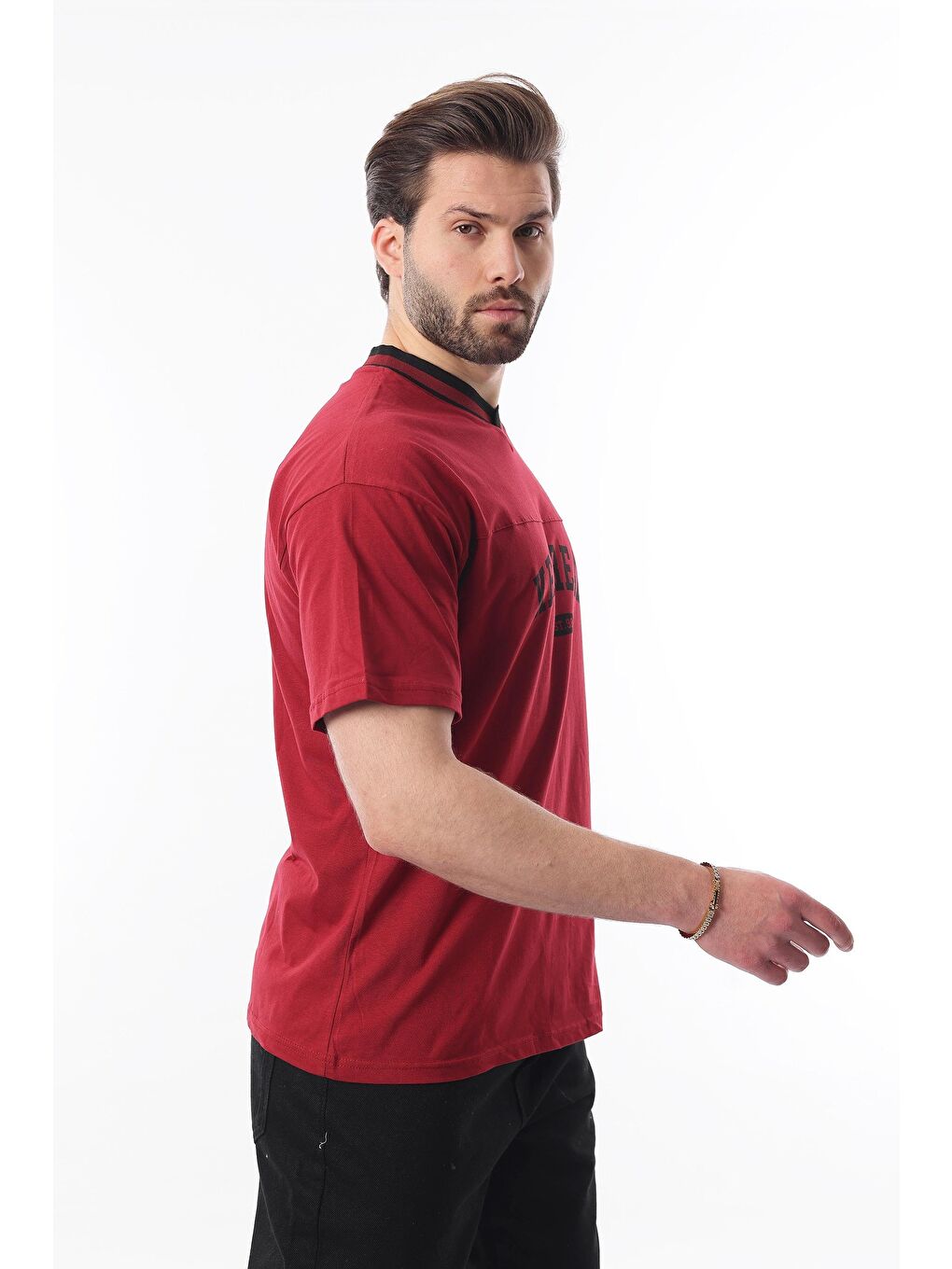 Bordo V Yaka Baskılı Kısa Kollu Overfit %100 Pamuk Tişört 7039-3