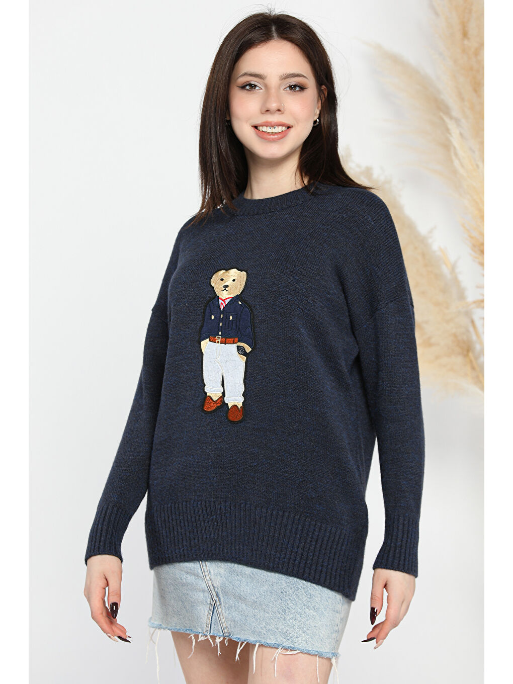 Lacivert Aplike Ayılı Kadın Triko Kazak-1