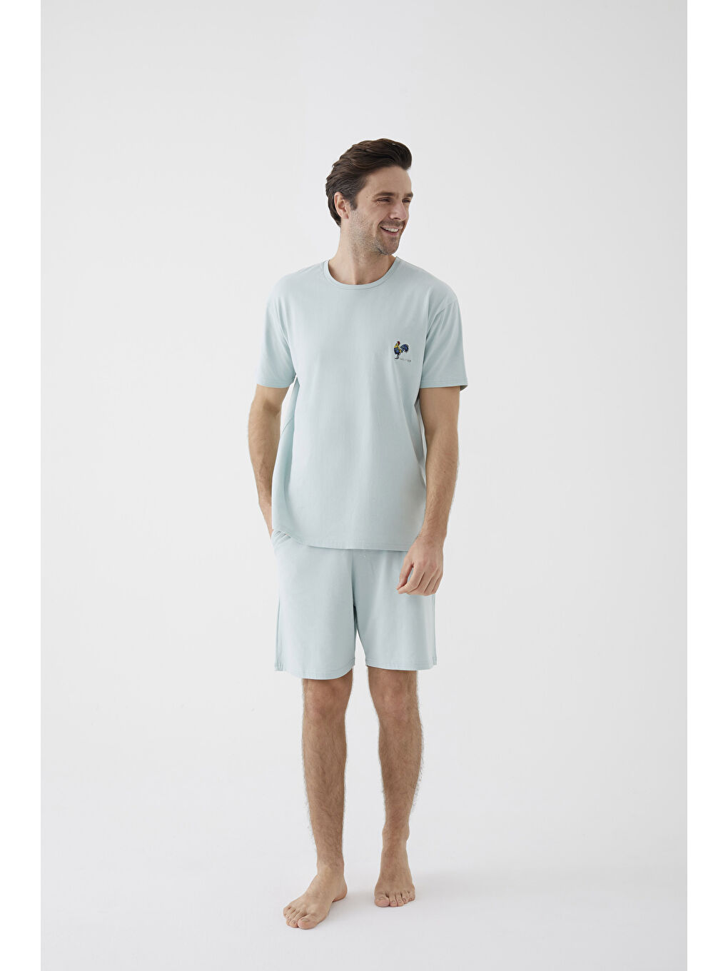 Yeşil Erkek Pamuklu Horoz Nakışlı Cep Detaylı Şort Takımı