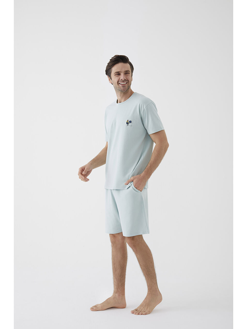 Yeşil Erkek Pamuklu Horoz Nakışlı Cep Detaylı Şort Takımı-1