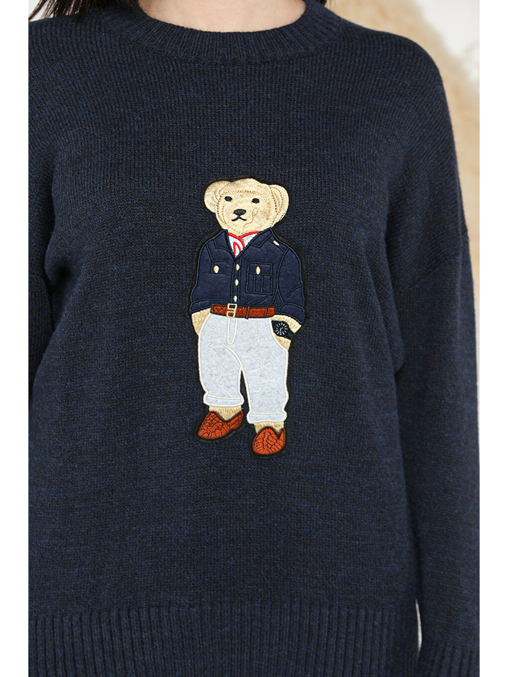 Lacivert Aplike Ayılı Kadın Triko Kazak-3