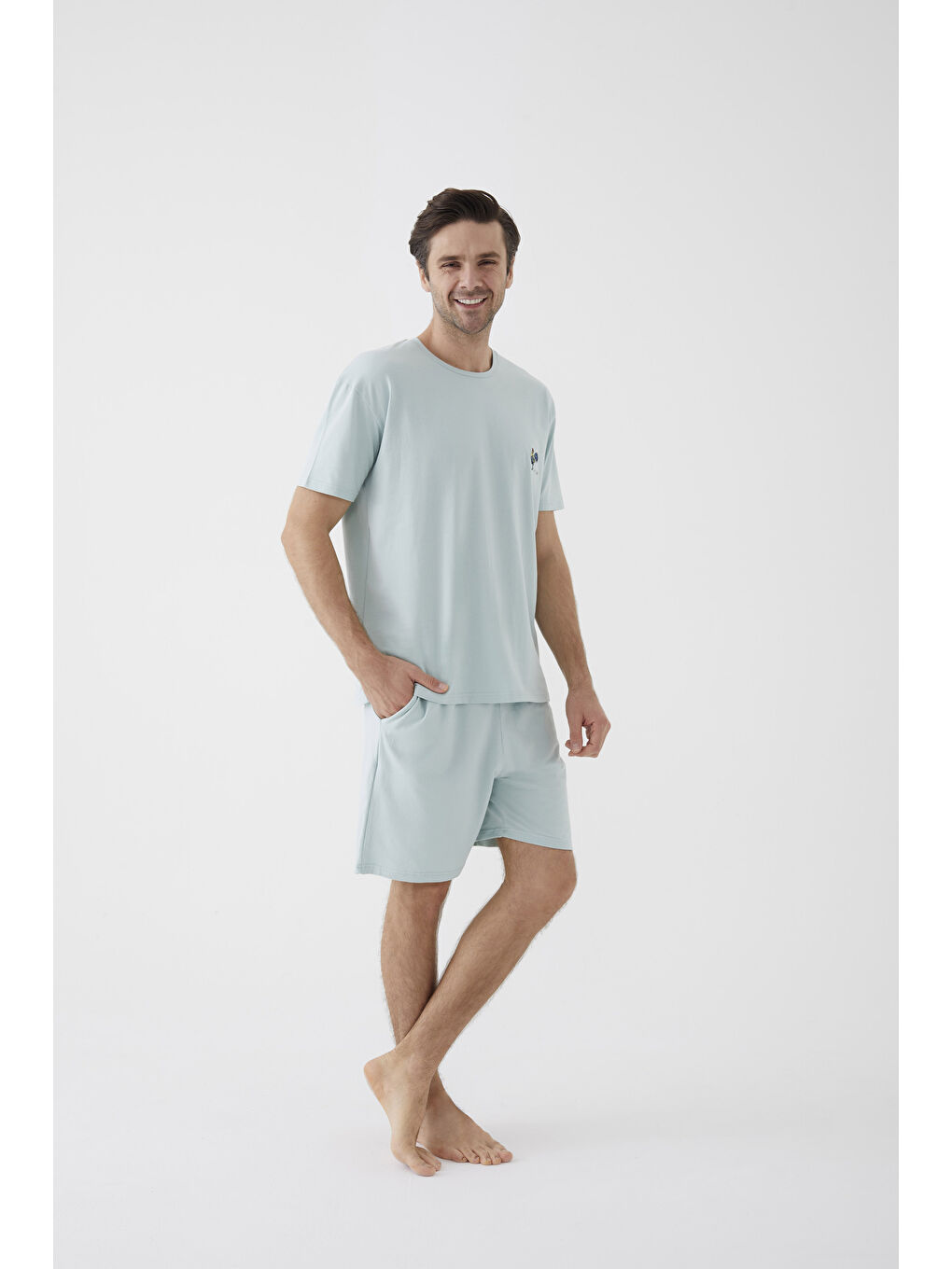 Yeşil Erkek Pamuklu Horoz Nakışlı Cep Detaylı Şort Takımı-3