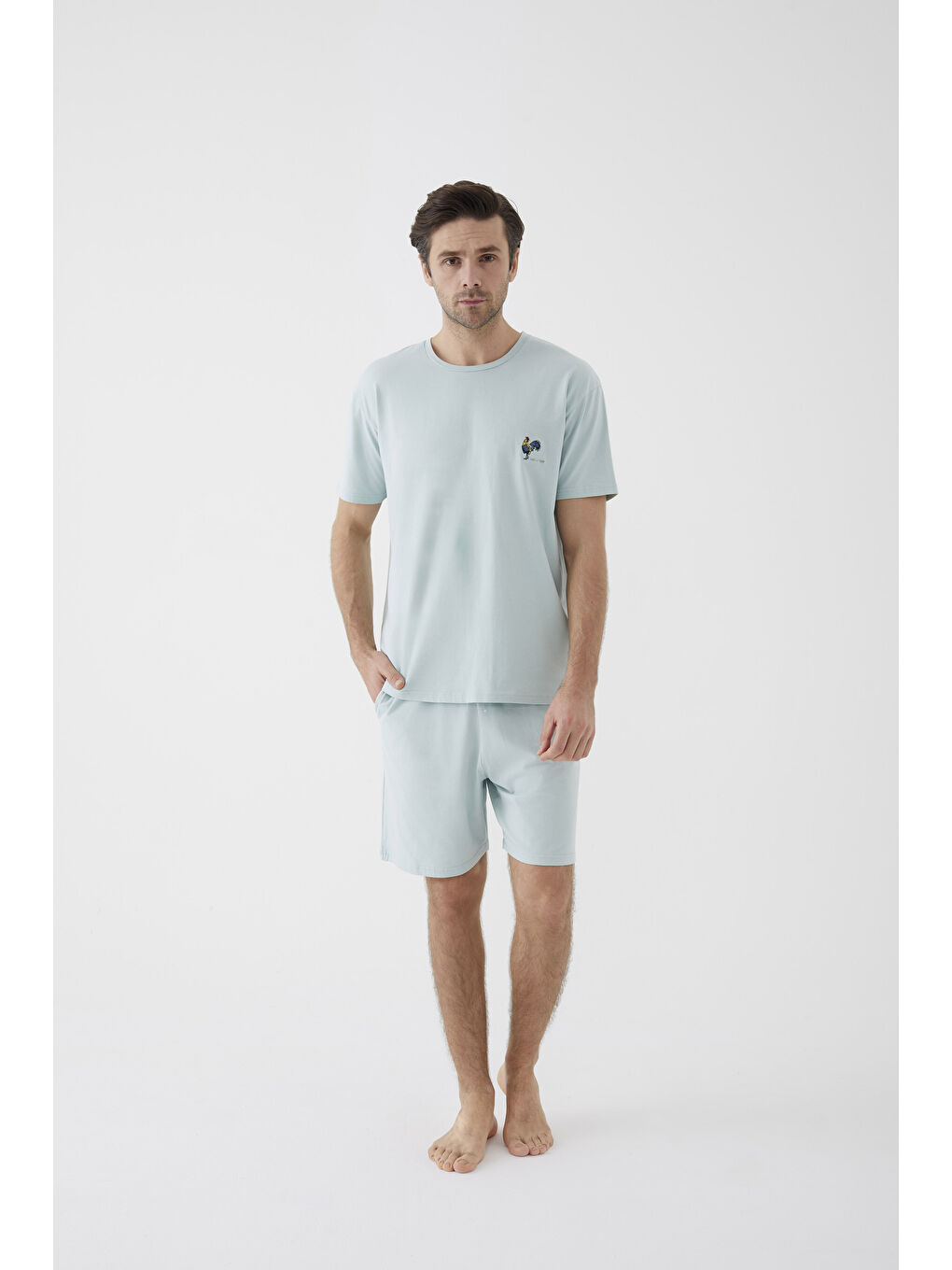 Yeşil Erkek Pamuklu Horoz Nakışlı Cep Detaylı Şort Takımı-4