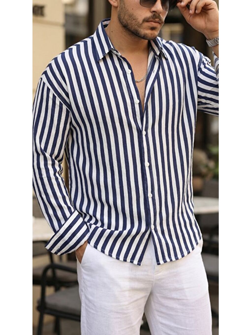 Lacivert Erkek Dikey Çizgili Yarım Oversize Gömlek-3