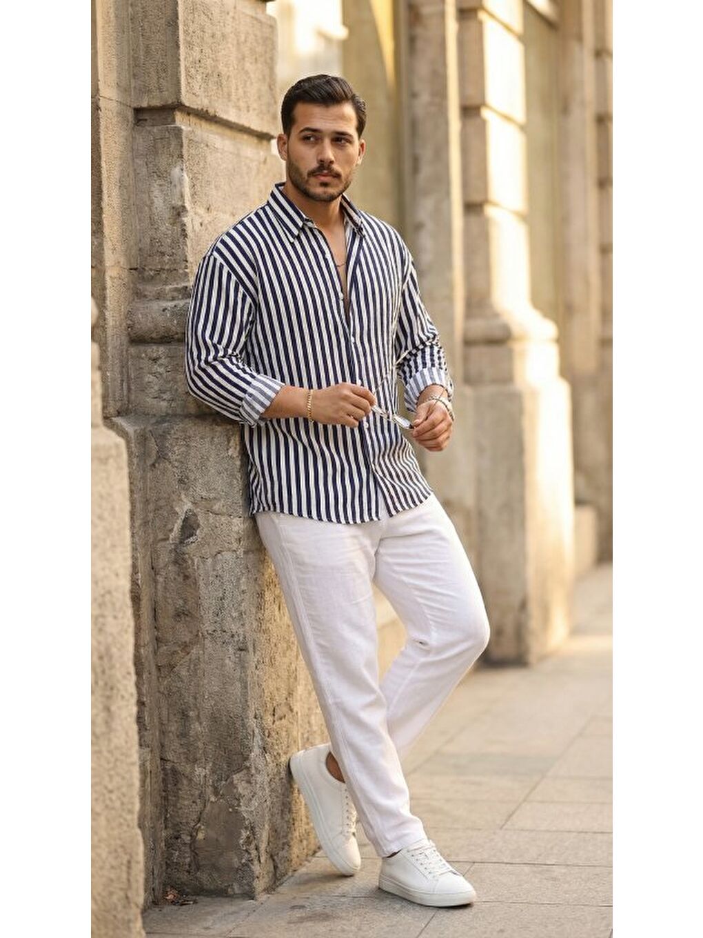 Lacivert Erkek Dikey Çizgili Yarım Oversize Gömlek-4