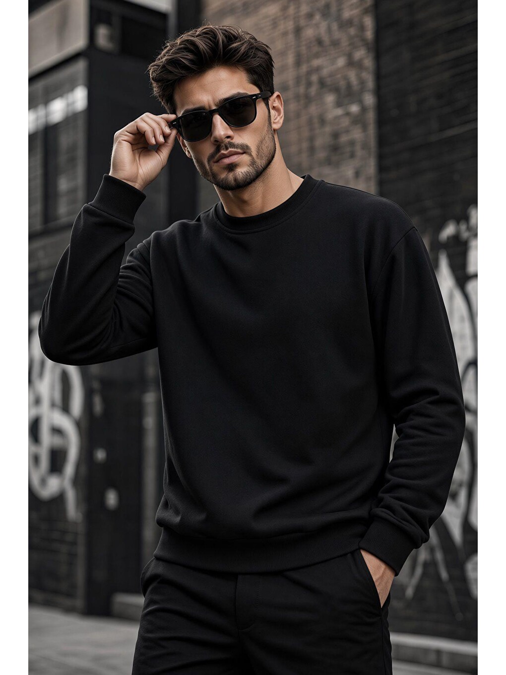 Siyah John Erkek İki İpli Şardonlu Düz Renk Günlük Bisiklet Yaka Sweatshirt