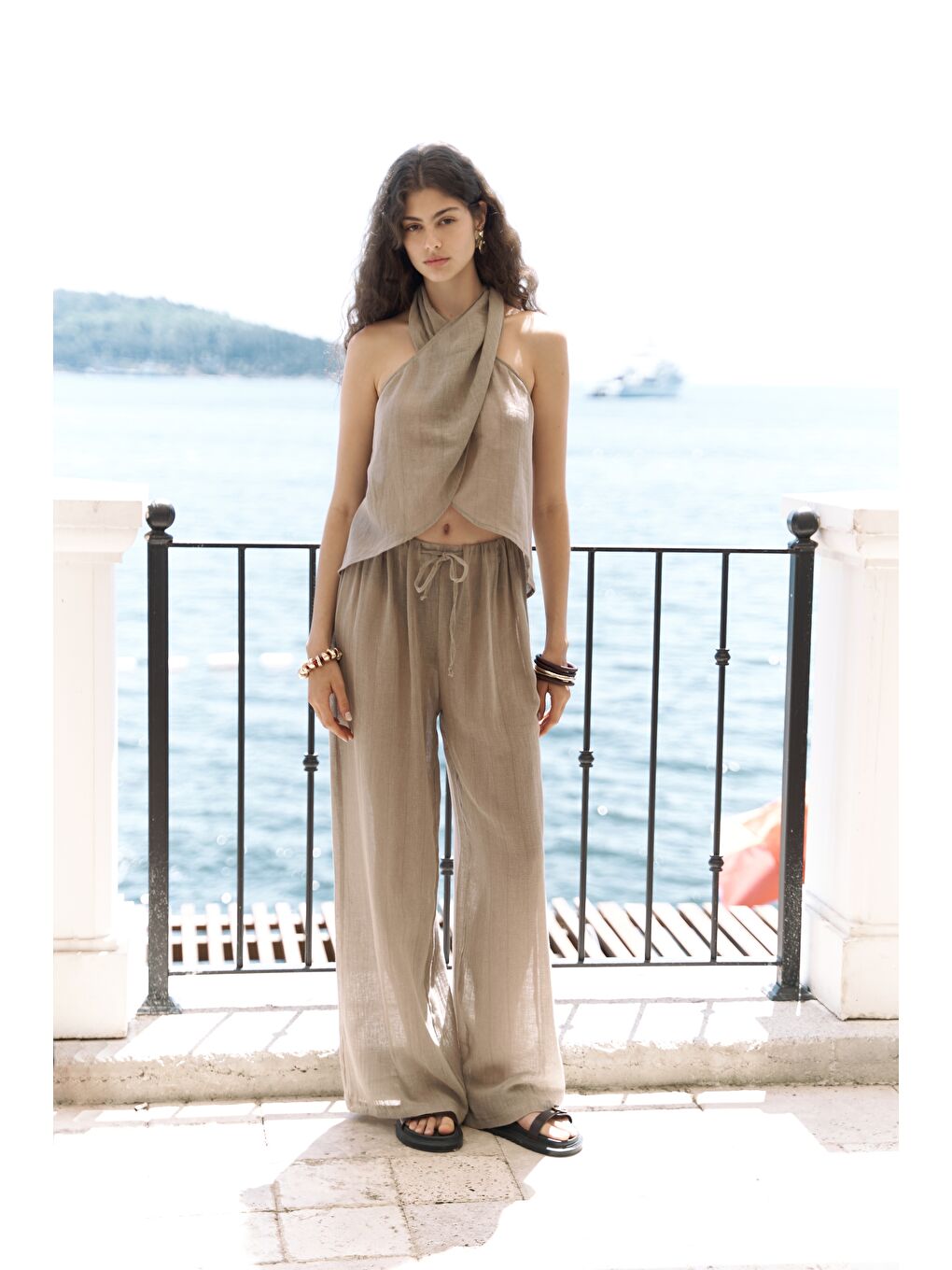 Cadhas Boyundan Bağlamalı Haki Crop Pantolon Takım-1