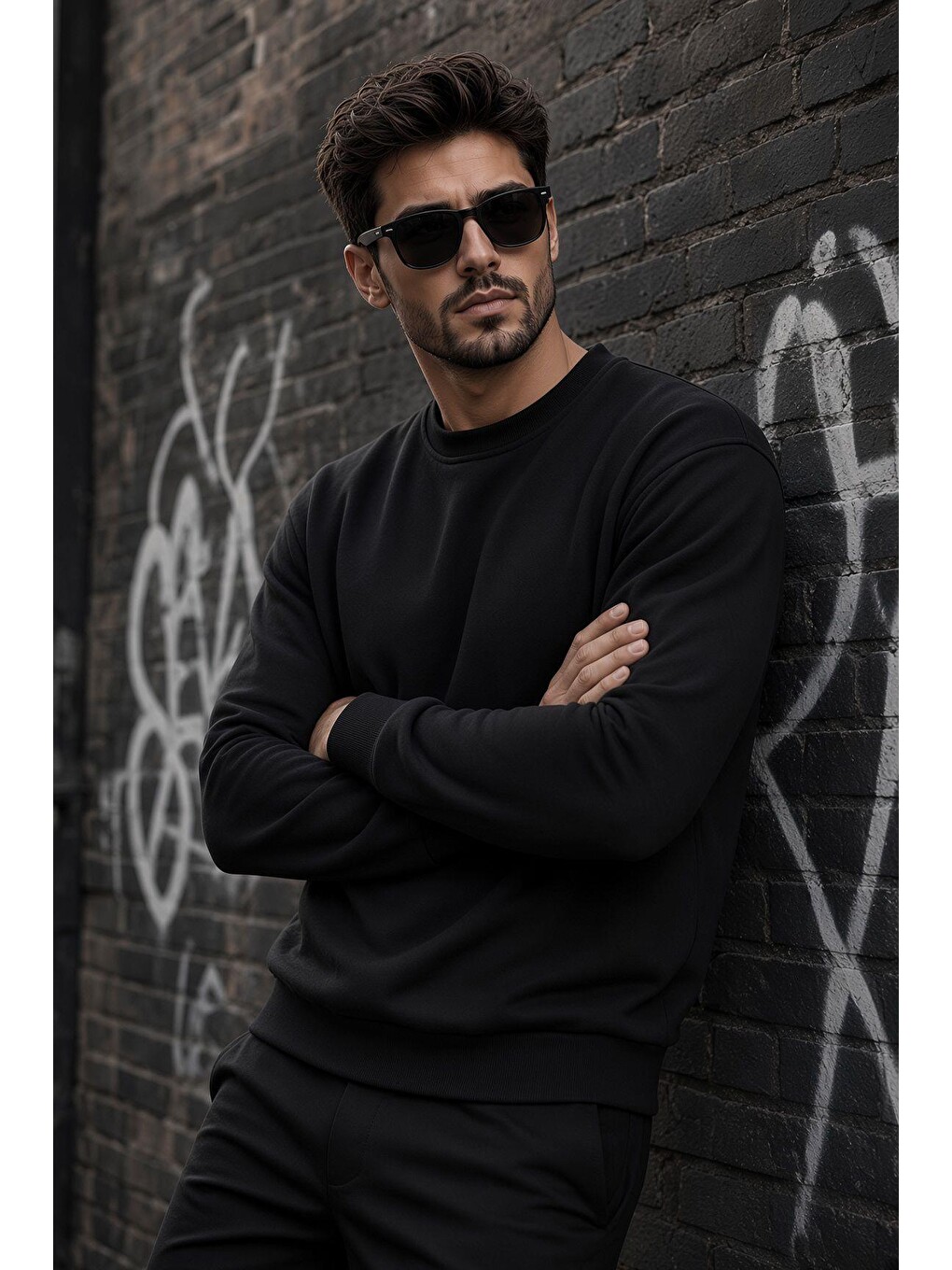 Siyah John Erkek İki İpli Şardonlu Düz Renk Günlük Bisiklet Yaka Sweatshirt-1