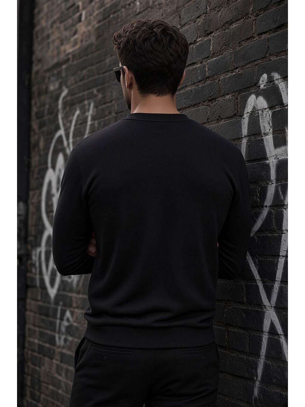 Siyah John Erkek İki İpli Şardonlu Düz Renk Günlük Bisiklet Yaka Sweatshirt-2
