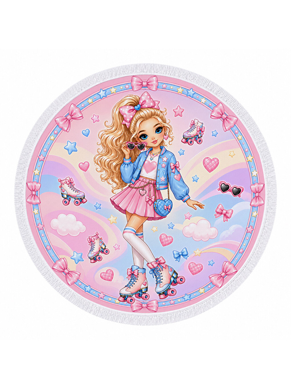 Karışık Patenli Prenses Kız Çocuk Yuvarlak Plaj Havlusu Pembe 150 CM-2