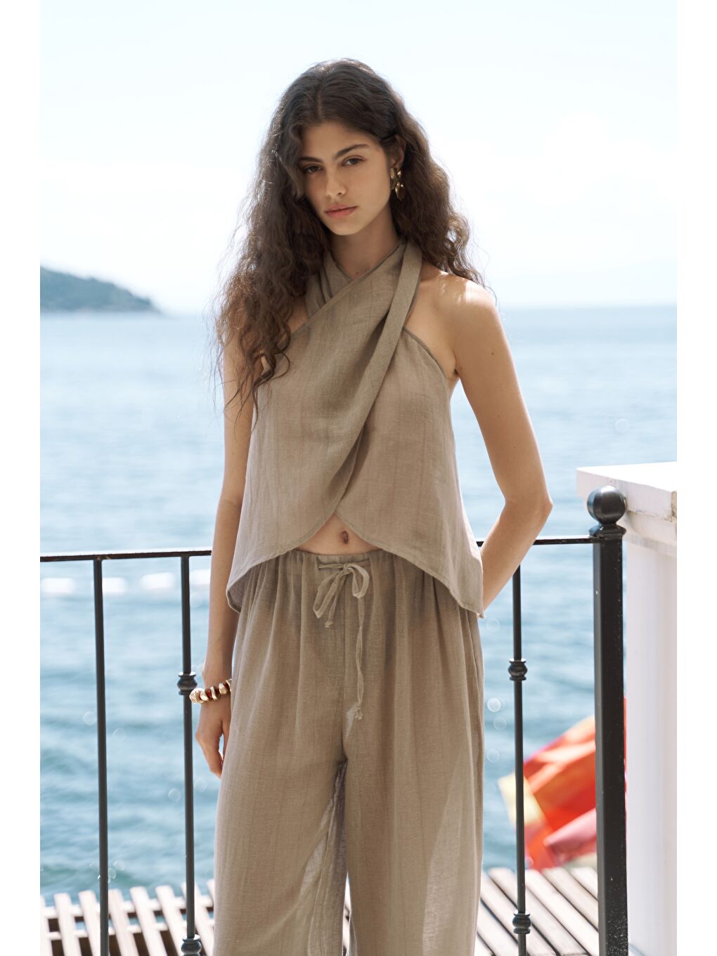 Cadhas Boyundan Bağlamalı Haki Crop Pantolon Takım-2