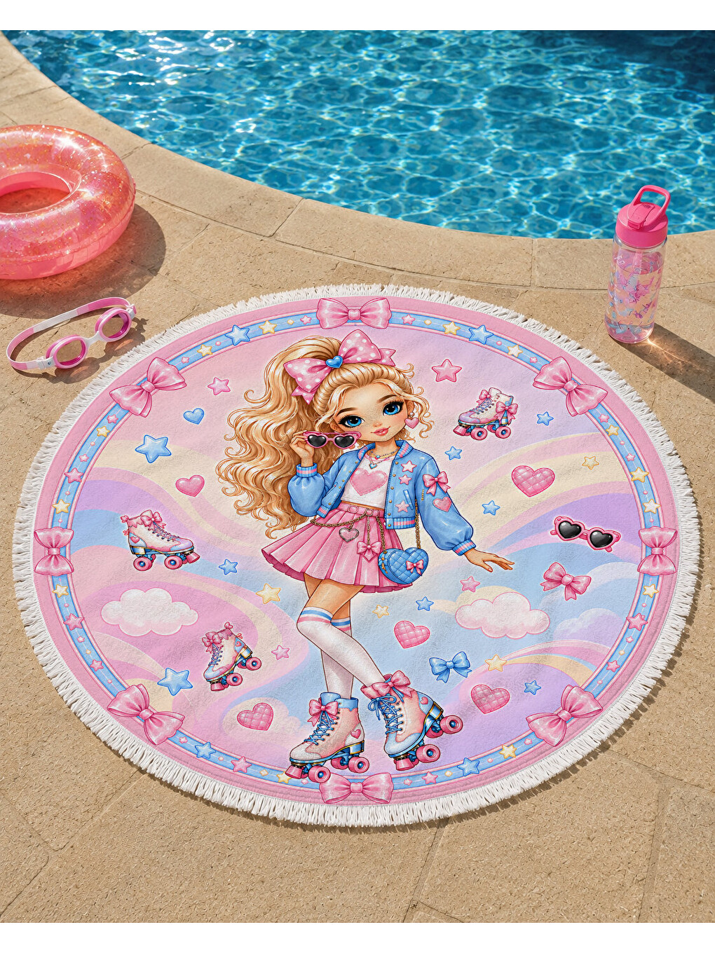 Karışık Patenli Prenses Kız Çocuk Yuvarlak Plaj Havlusu Pembe 150 CM-3